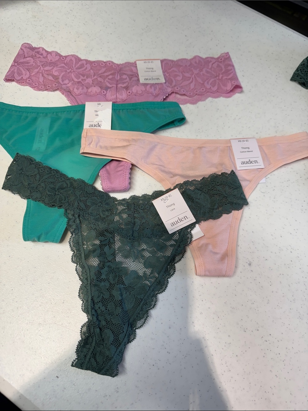 4-SZ XS-Auden Lace & Cotton Thong Set in Pink, Teal, Blush & Forest